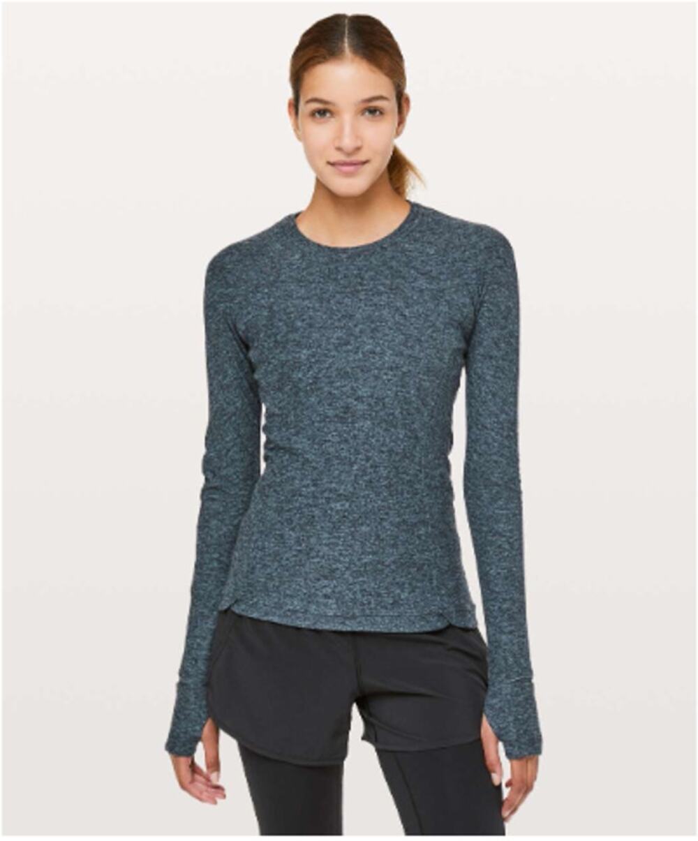 Lululemon Sz 8 Runderful Long Sleeve Heathered Petrol Blue Black Sporty